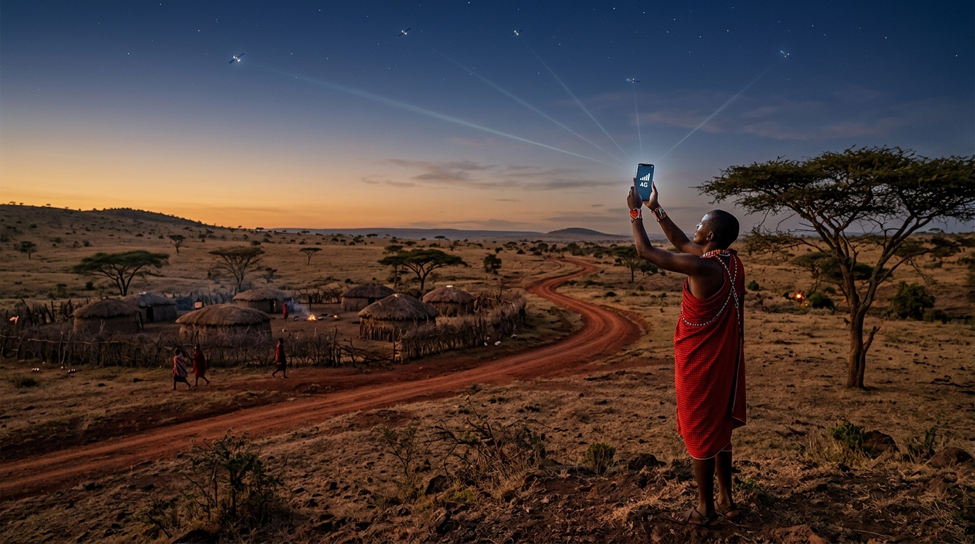 Satellite direct-to-device in Africa: un uomo alza lo smartphone verso il cielo della savana e aggancia i satelliti in orbita