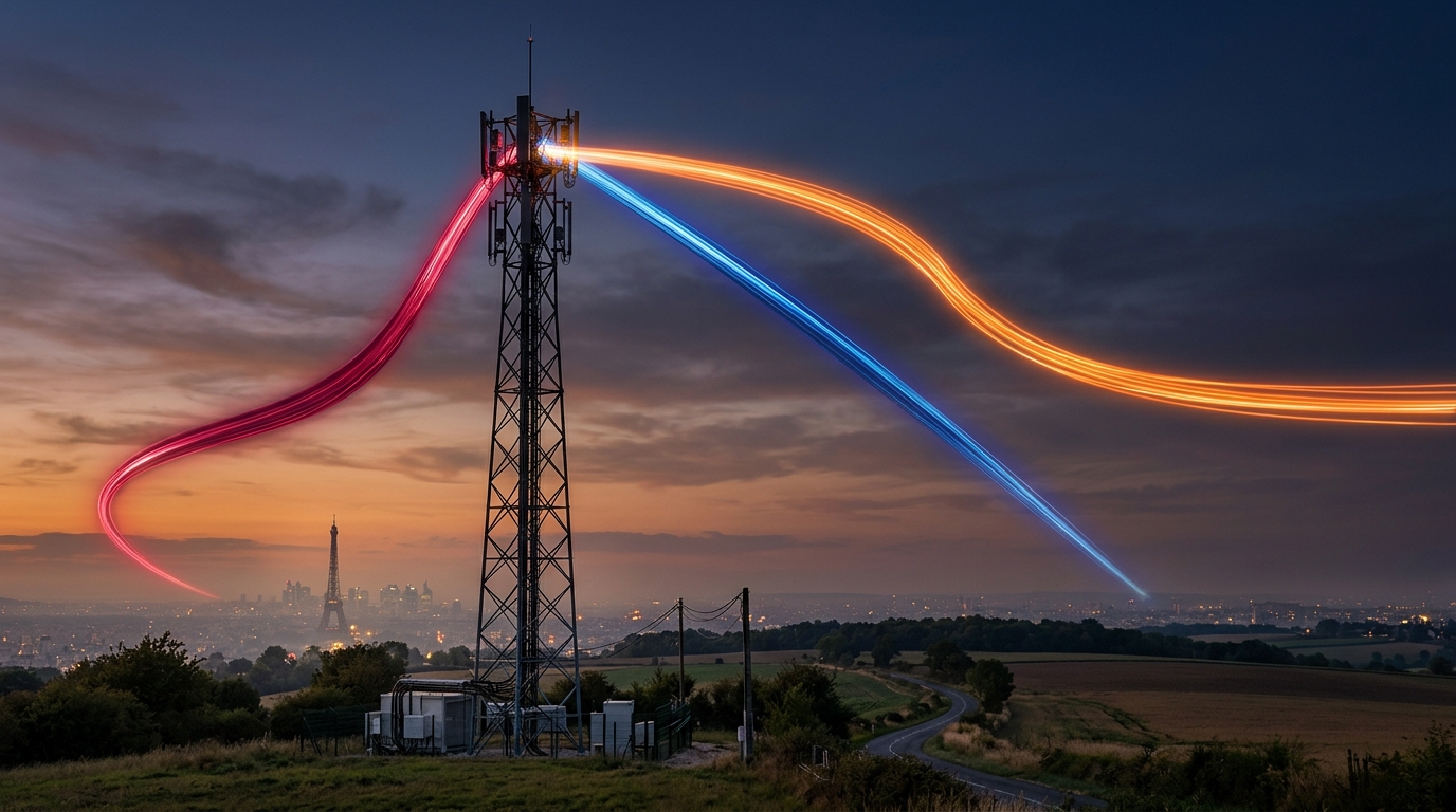 Torre di telecomunicazioni in Francia con tre flussi di luce arancione, blu e rosso che si dividono nel cielo: la vendita di SFR spartita tra Orange, Bouygues Telecom e Iliad-Free sotto esame antitrust