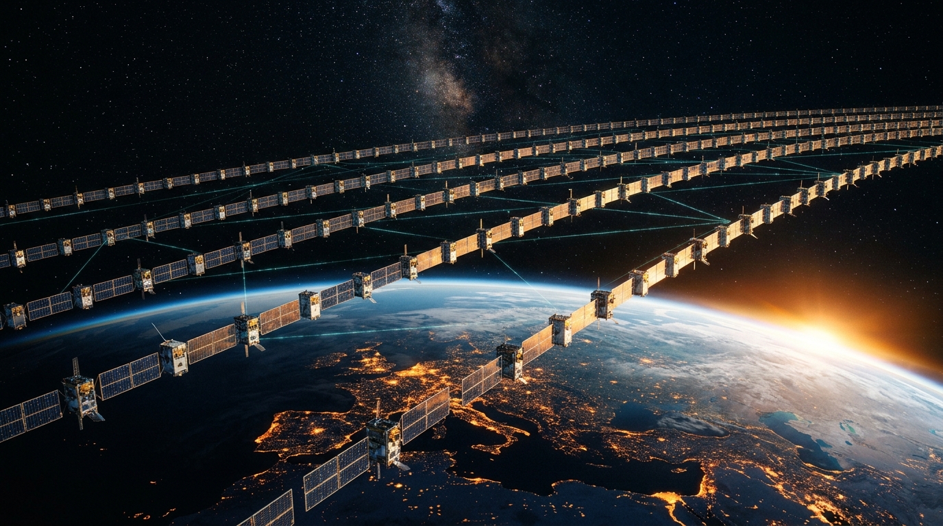 Costellazione Starlink Gen3: treni orbitali di satelliti SpaceX in orbita bassa sopra la Terra illuminata