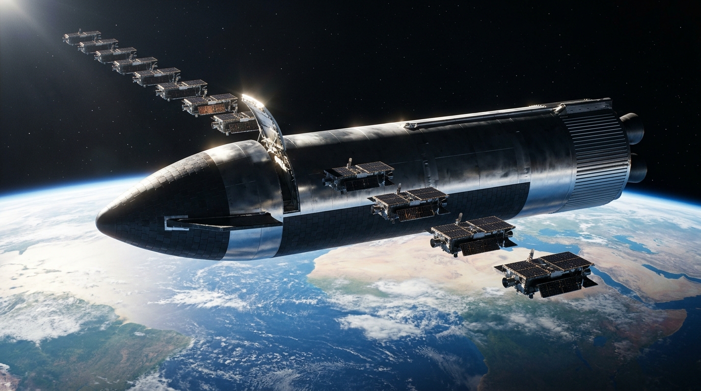 Starship rilascia uno alla volta i primi satelliti Starlink V3 dal dispenser, con la Terra sullo sfondo
