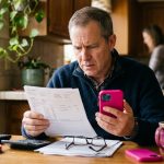 Cliente T-Mobile preoccupato controlla la bolletta e lo smartphone dopo la migrazione forzata sui nuovi piani tariffari