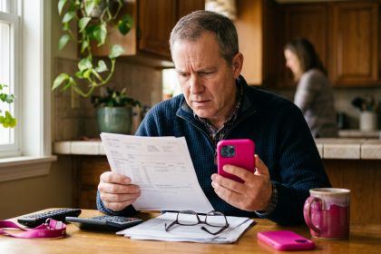 Cliente T-Mobile preoccupato controlla la bolletta e lo smartphone dopo la migrazione forzata sui nuovi piani tariffari