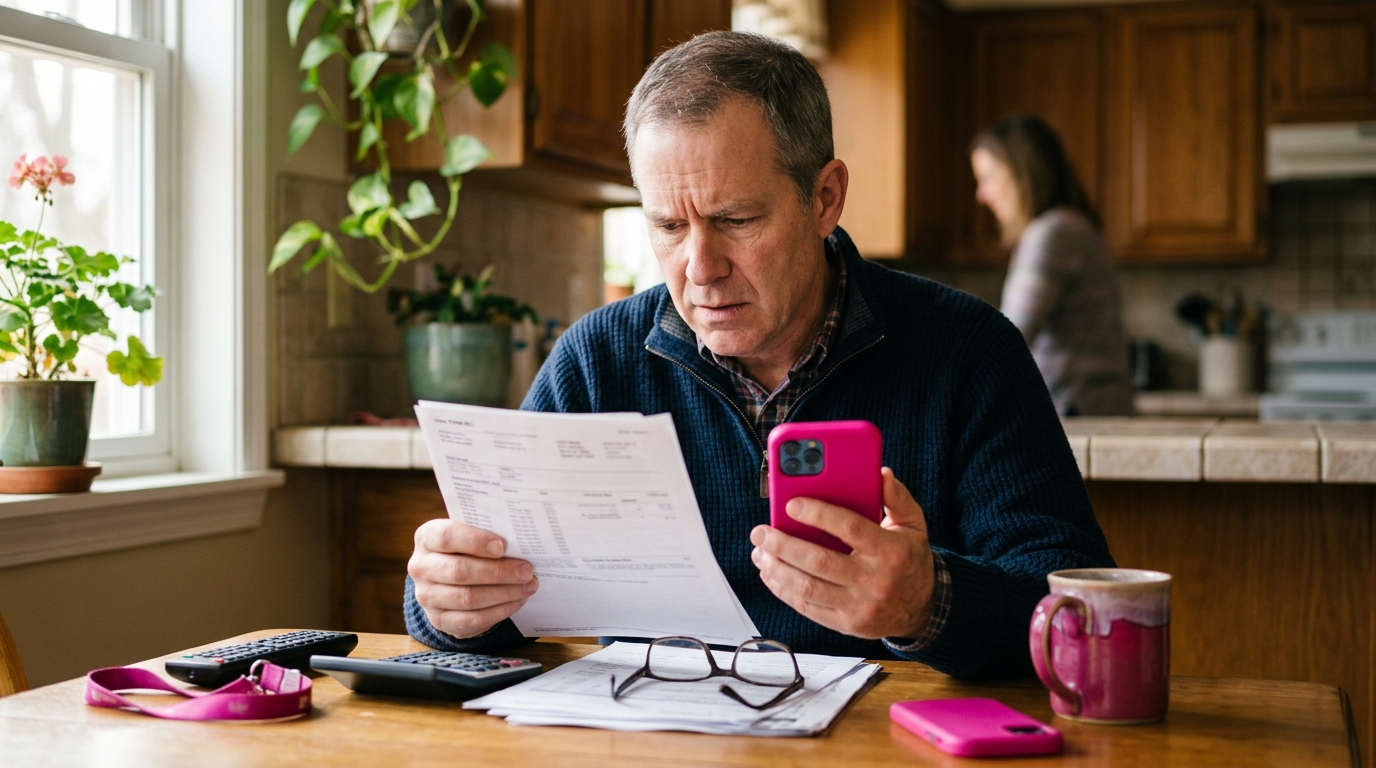Cliente T-Mobile preoccupato controlla la bolletta e lo smartphone dopo la migrazione forzata sui nuovi piani tariffari