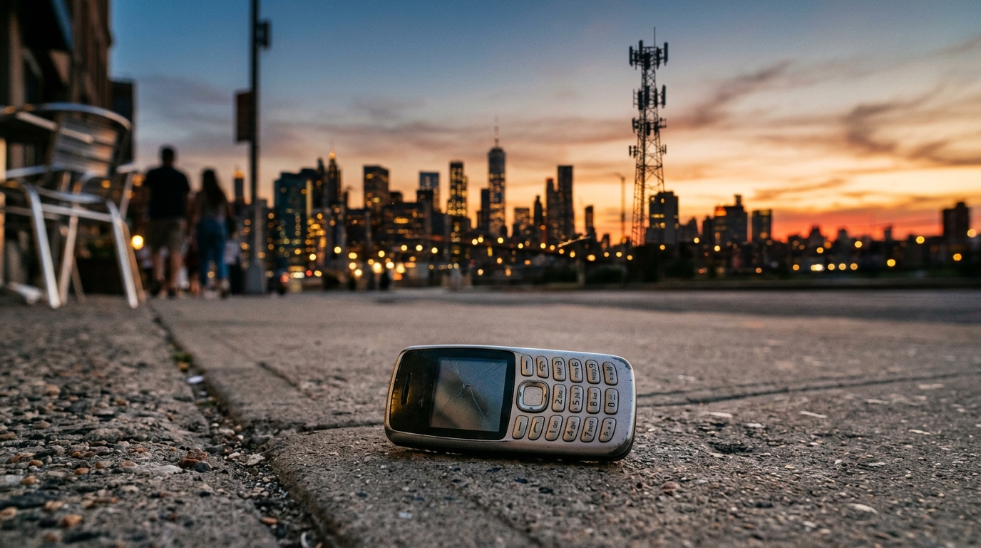 Vecchio telefono con tastiera abbandonato su un marciapiede con skyline USA e antenna al tramonto: T-Mobile spegne la rete 2G GSM negli Stati Uniti