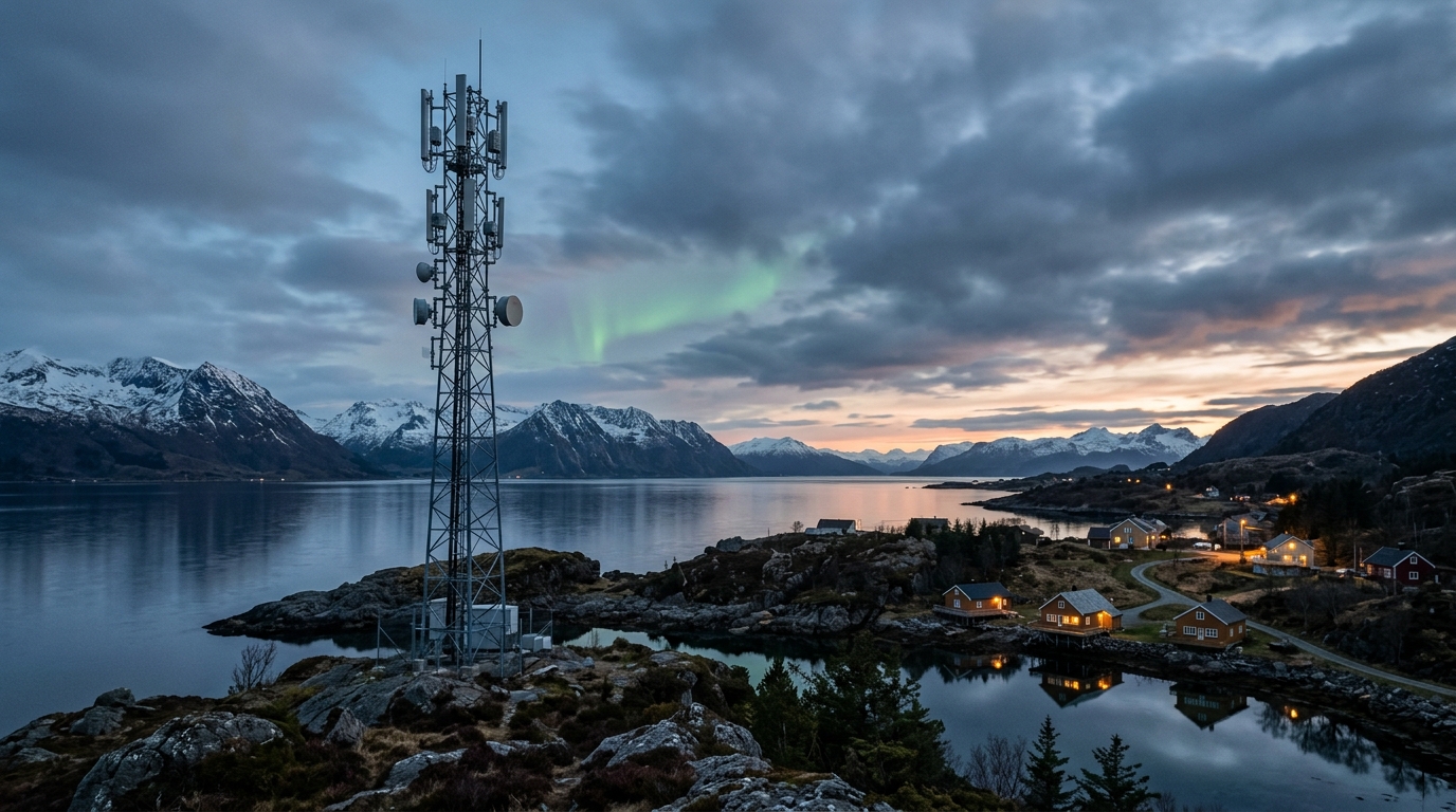 Torre 5G su un fiordo norvegese al crepuscolo, simbolo della strategia nordica di Telenor dopo la trimestrale Q2 2026
