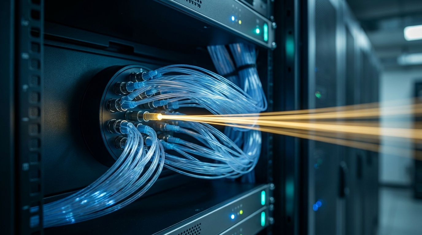 Fibra ottica in centrale con un filamento dorato prioritario che supera gli altri: TIM Priority e la corsia preferenziale sulla rete