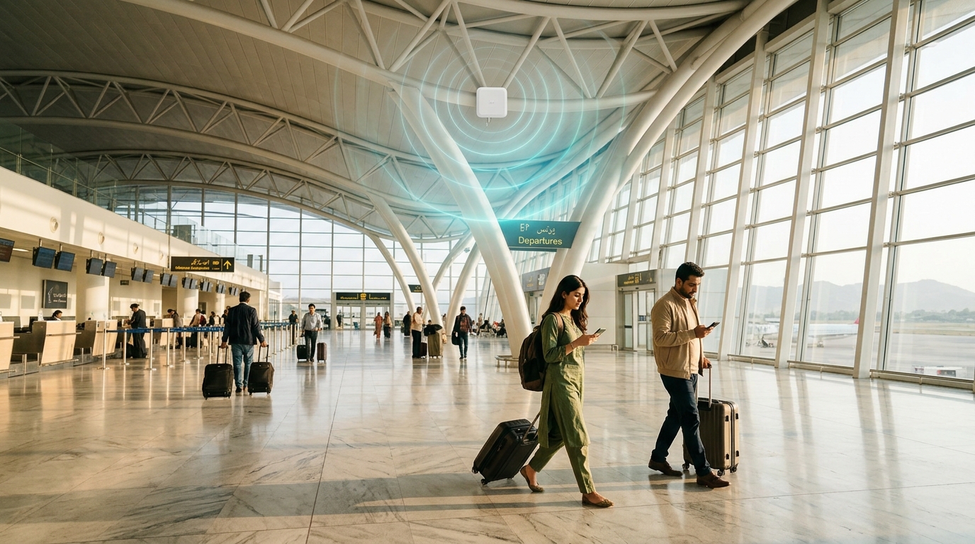 Interno dell'aeroporto internazionale di Islamabad con copertura 5G indoor di Zong