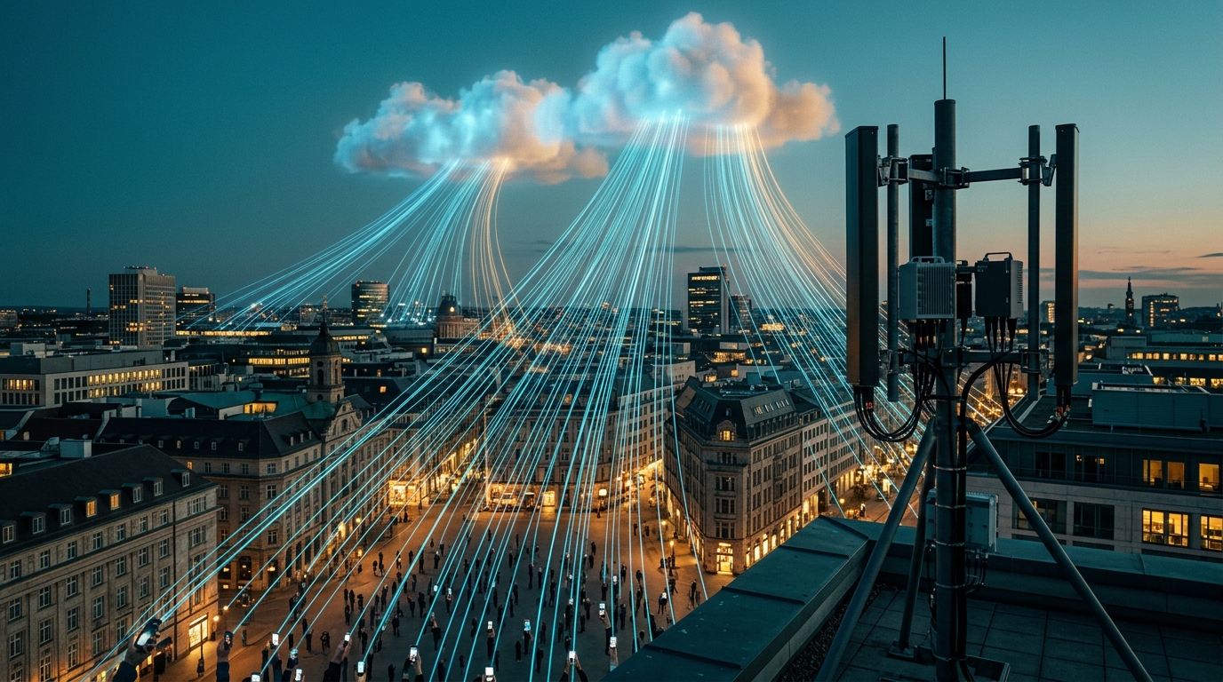 Flussi di traffico dati in uplink che salgono dagli smartphone verso il cloud sopra una città europea, con antenna 5G in primo piano