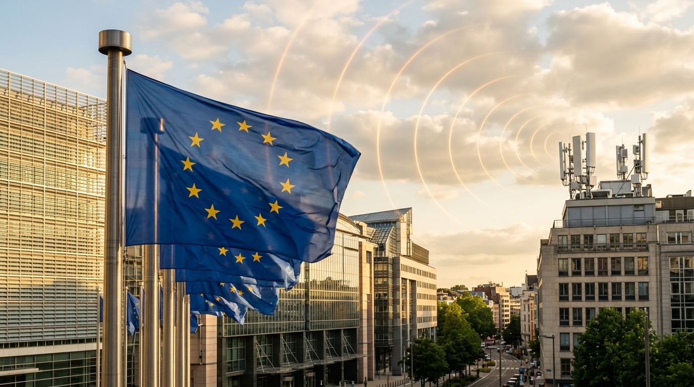 Bandiere dell'Unione Europea davanti ai palazzi delle istituzioni a Bruxelles, con antenne 5G e onde radio sullo sfondo: immagine simbolo della proposta di Unione Europea dello Spettro