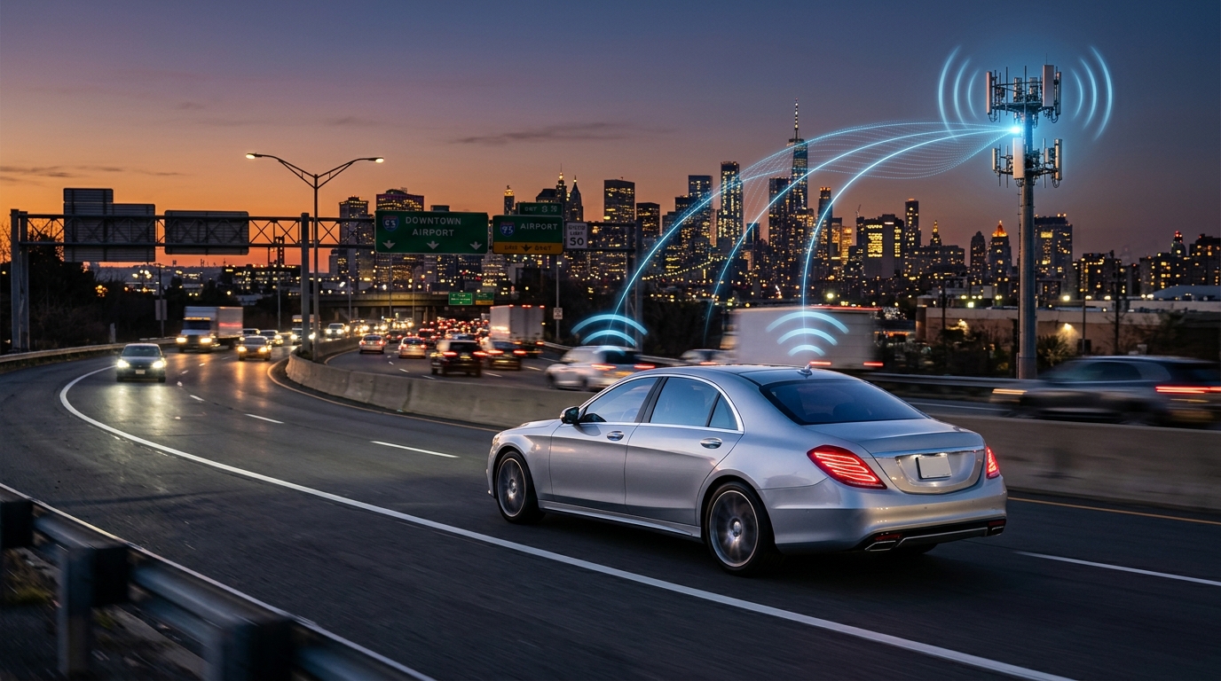 Auto connessa 5G Standalone: berlina su autostrada USA collegata alla rete mobile
