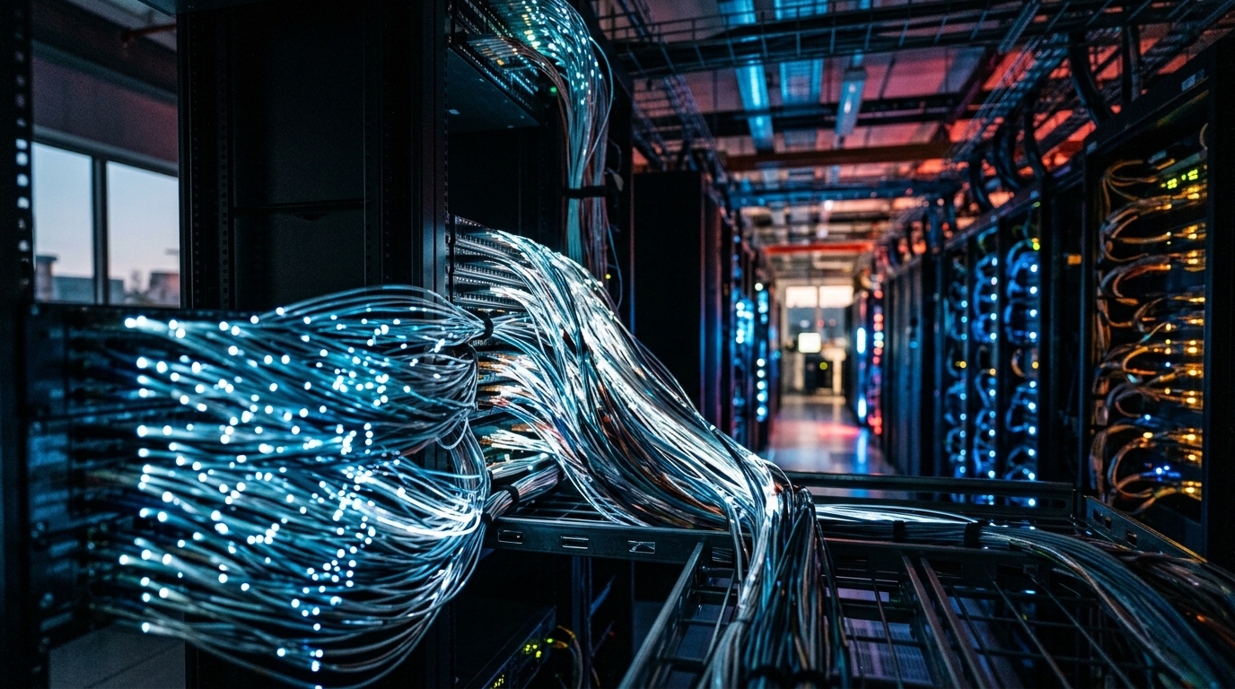 Fasci di fibra ottica illuminati in un data center: l'accordo Verizon Google sulla dark fiber vale oltre un miliardo di dollari