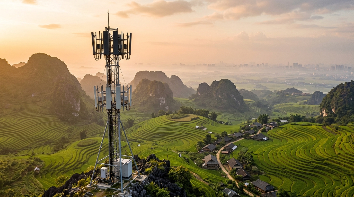 Torre di telecomunicazioni con antenne 4G e 5G condivise tra VNPT e MobiFone sopra le risaie del Vietnam