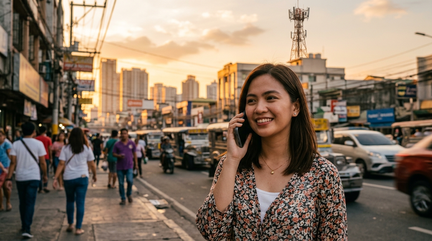 Ragazza fa una chiamata VoLTE con lo smartphone in una strada di Manila con torre cellulare sullo sfondo