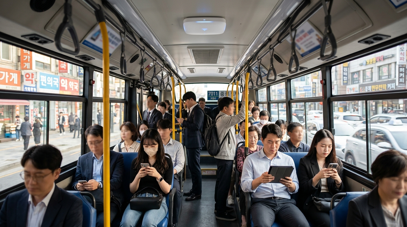 Passeggeri usano lo smartphone con il Wi-Fi 7 gratuito a bordo di un autobus urbano in Corea del Sud