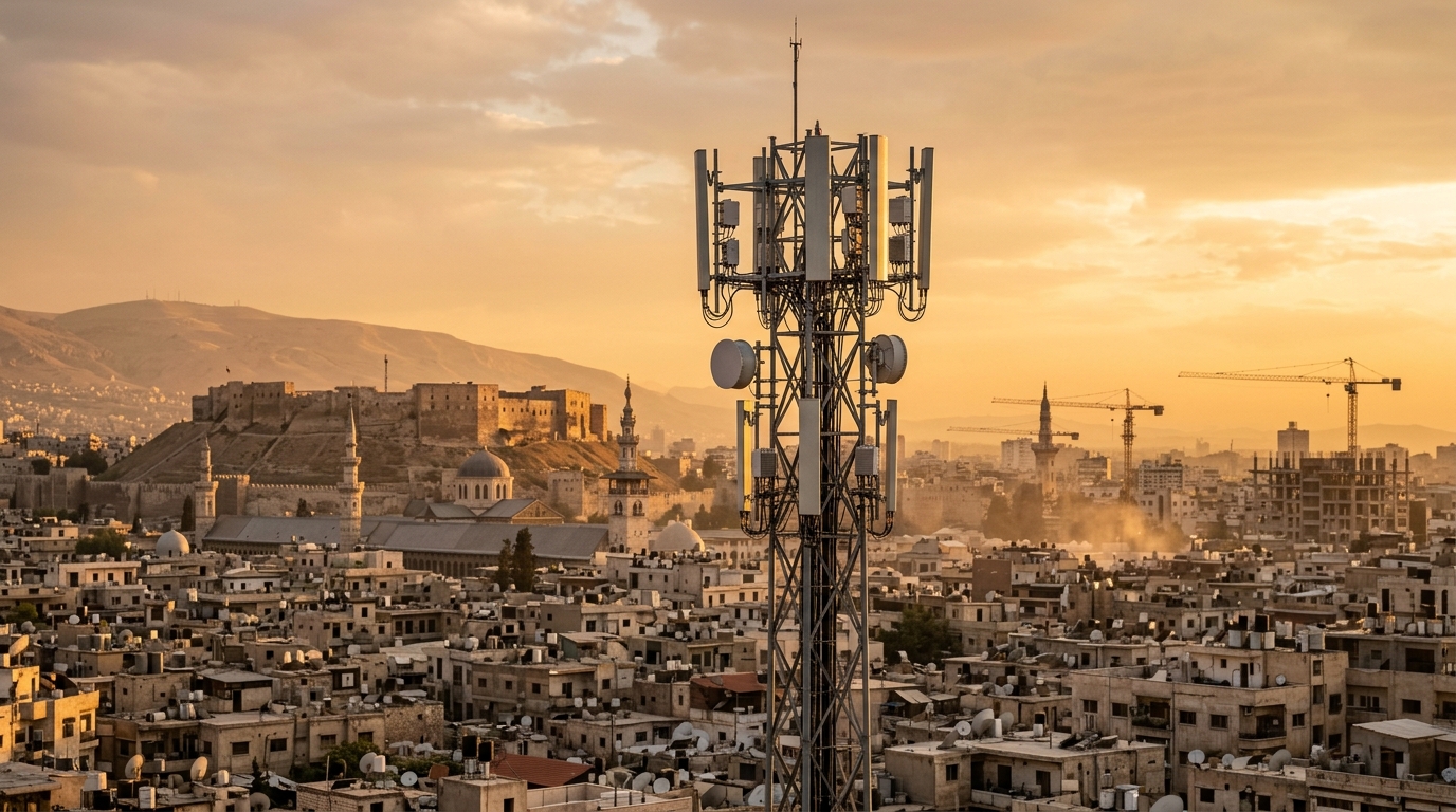 Torre di telecomunicazioni con antenne 5G sopra Damasco al tramonto, simbolo della nuova rete mobile Zain in Siria