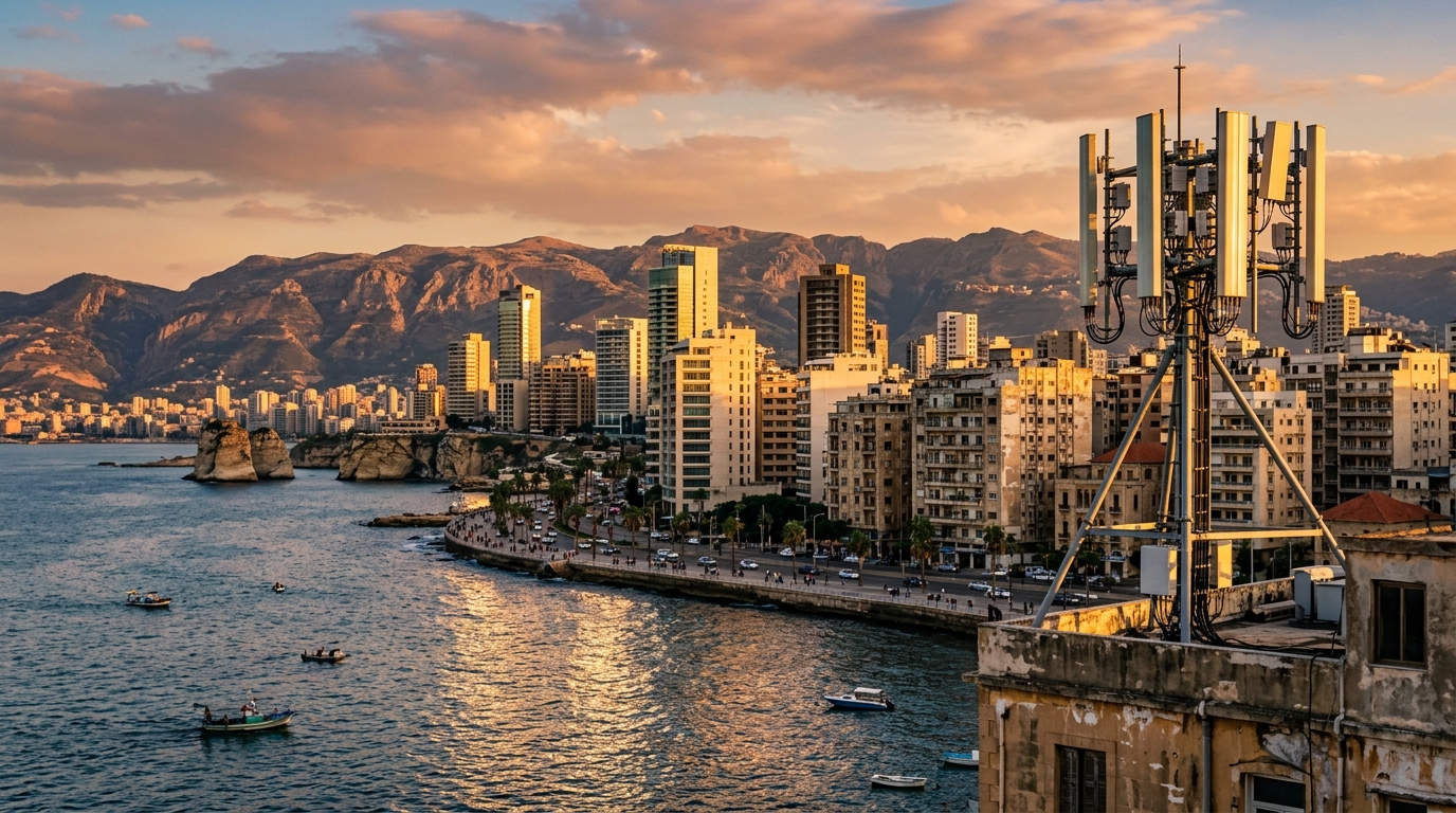 Antenna 5G su un tetto di Beirut con la corniche e il Mediterraneo: il 5G in Libano debutta con Touch e Alfa