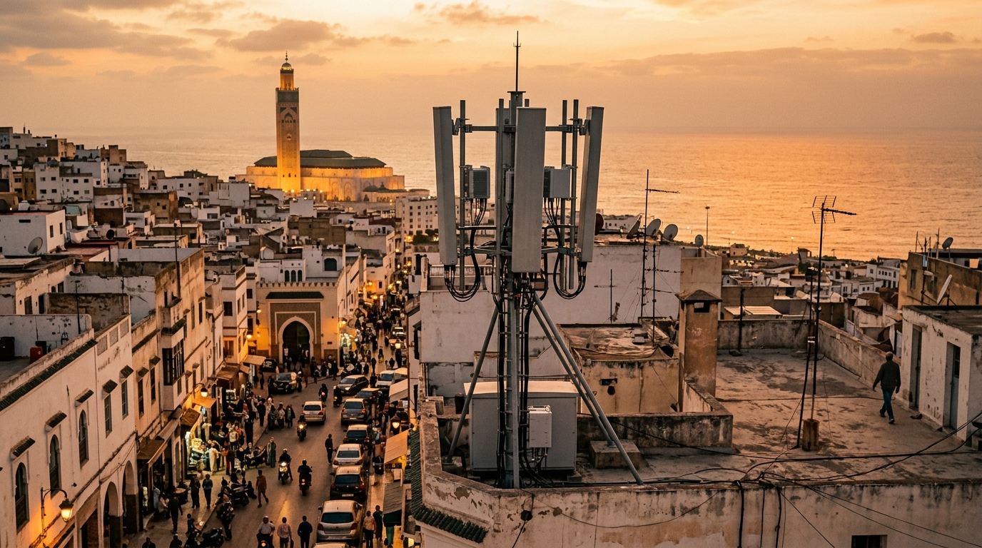 Antenna 5G su un tetto di una città costiera del Nord Africa al tramonto, con strada affollata, minareto e Mediterraneo sullo sfondo