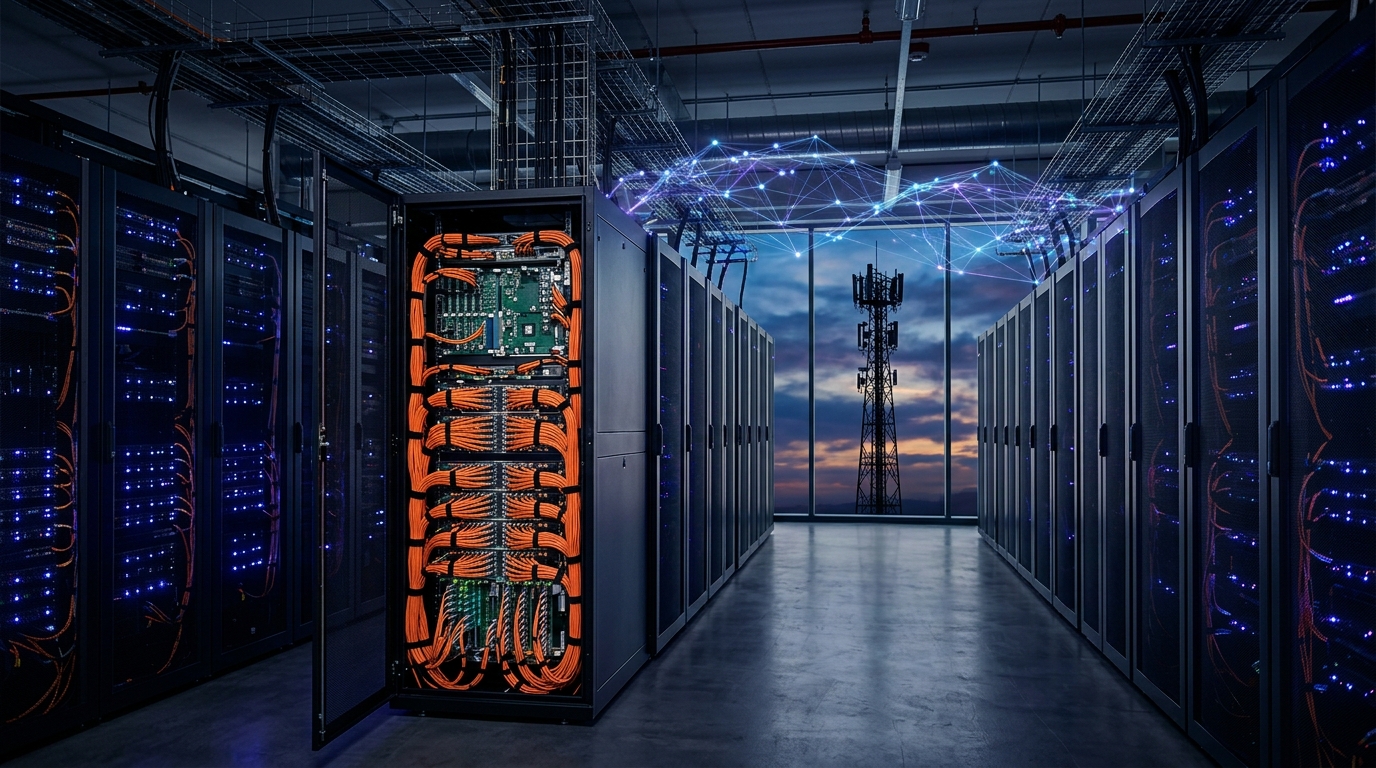 Server del core di rete 5G Standalone in un data center di un operatore mobile, con cavi in fibra ottica e antenna sullo sfondo