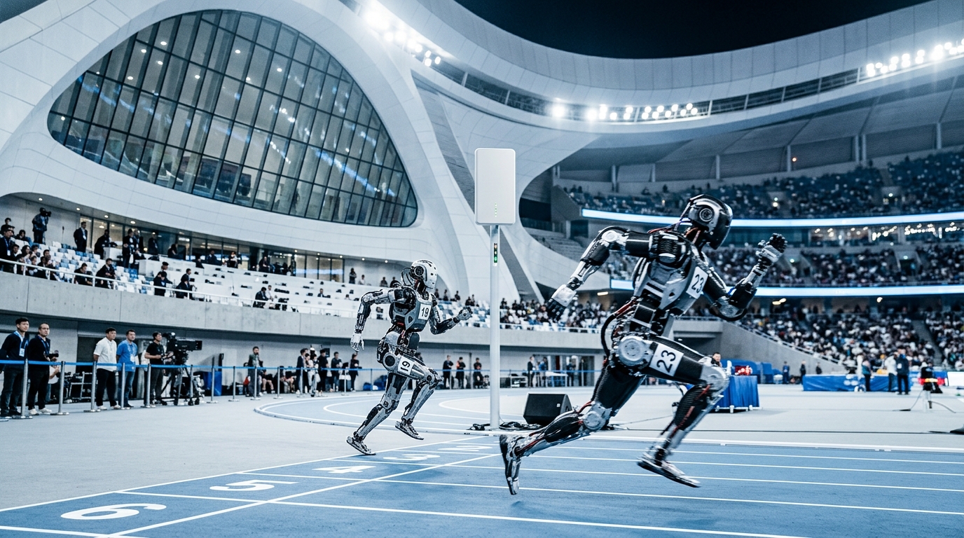 Robot umanoidi in gara nell'arena di Pechino con antenna 5G-A indoor, World Humanoid Robot Games 2026