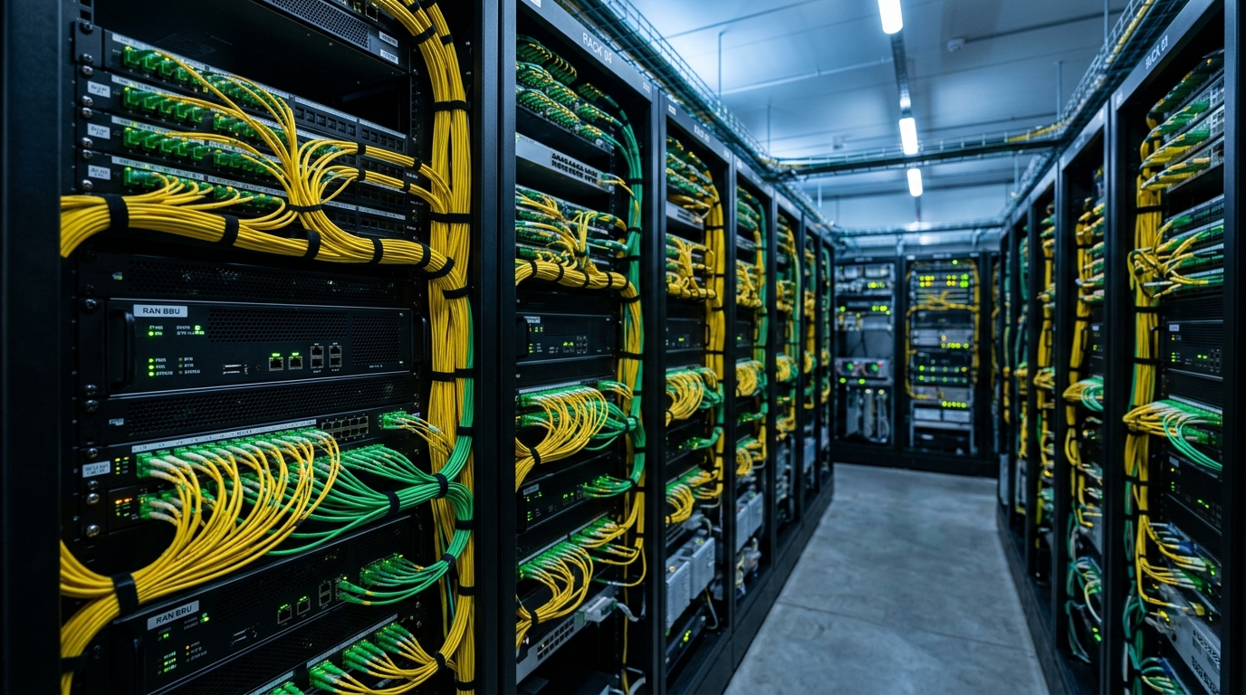 Sala apparati di un sito di rete mobile con baseband e fibre ottiche: il dibattito sulle GPU nel 6G e nell'AI-RAN divide Ericsson, Nokia e Samsung