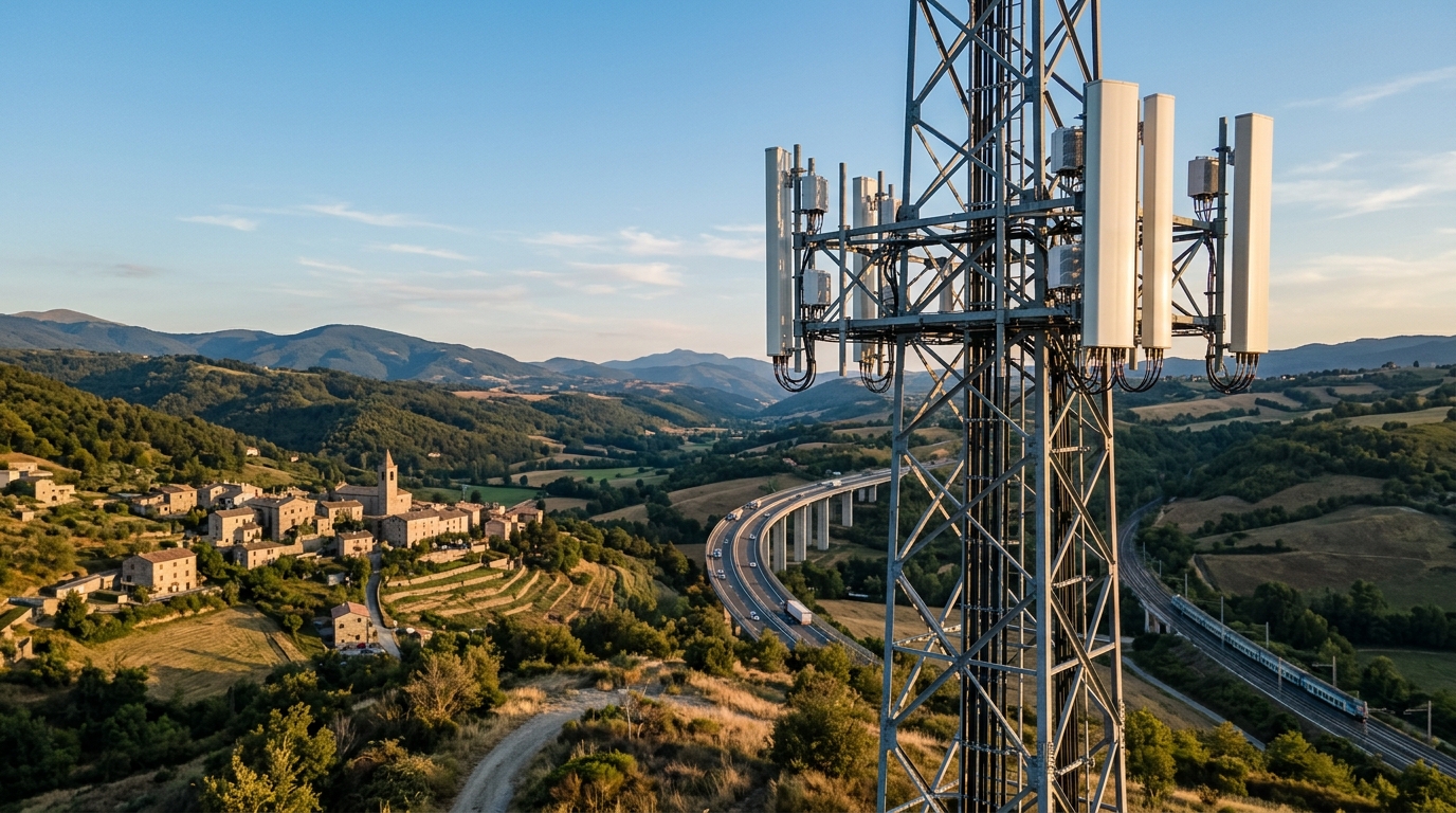 Traliccio con antenne 5G su una collina italiana con borgo, viadotto autostradale e ferrovia sullo sfondo, simbolo del rinnovo frequenze mobili fino al 2037
