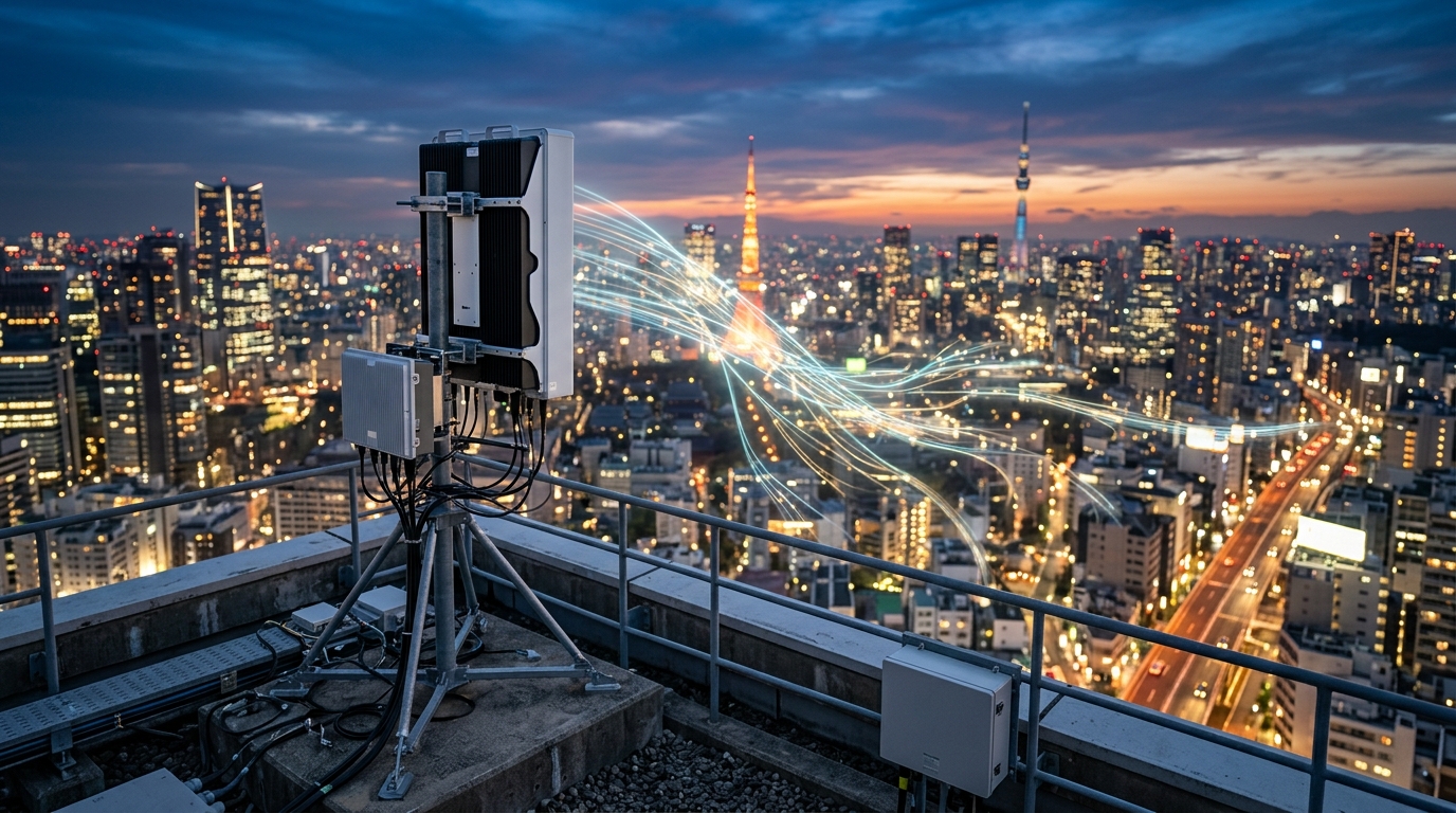 Antenna 5G su un tetto di Tokyo con flussi di dati verso la città, immagine sull'ottimizzazione AI-RAN per utente di Docomo e Samsung