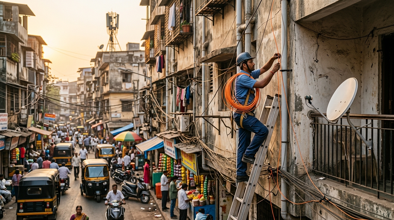 Tecnico posa la fibra ottica su una palazzina in una strada affollata dell'India, con antenna FWA sul balcone: la svolta di Airtel dal 5G fisso alla fibra
