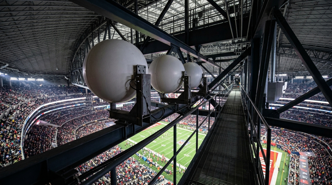 Antenne passive multibeam a lente sferica bianca montate tra le travi del tetto di uno stadio, con campo e spalti illuminati sotto