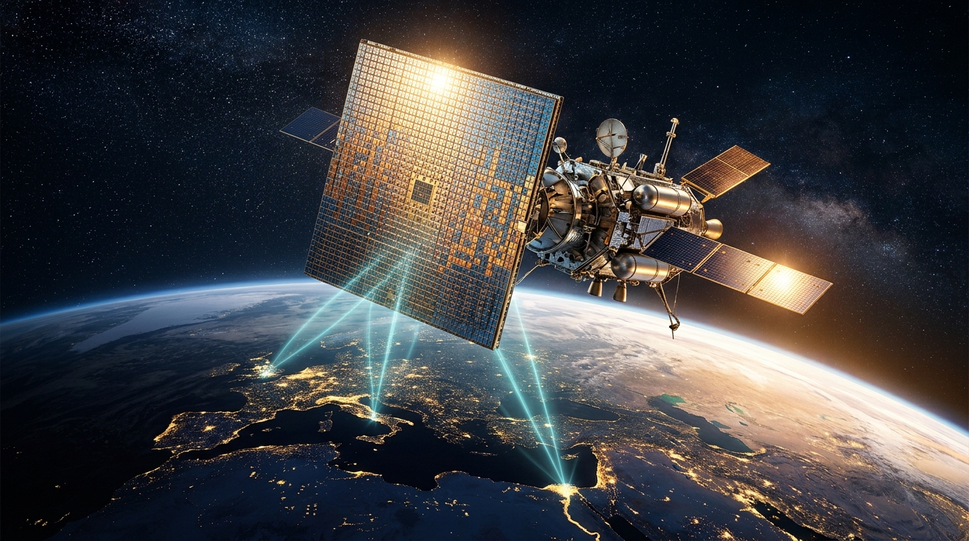 Satellite AST SpaceMobile con gigantesco array in fase sopra la Terra di notte, fasci di connessione direct-to-cell verso il suolo