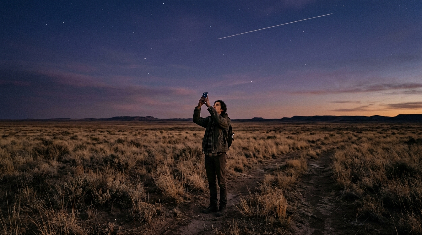 Persona con uno smartphone comune sotto il cielo del crepuscolo nelle pianure del Texas, con la scia di un satellite: AST SpaceMobile testa il direct-to-device sugli 800 MHz