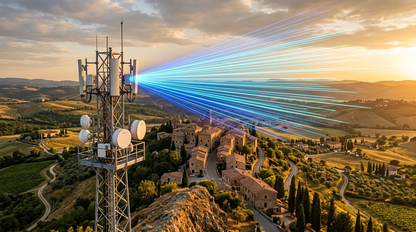 Traliccio con antenne 5G e parabole di ponti radio sopra un borgo italiano, ventaglio di fasci luminosi: la banda 26 GHz bassa all'asta per 5G e FWA