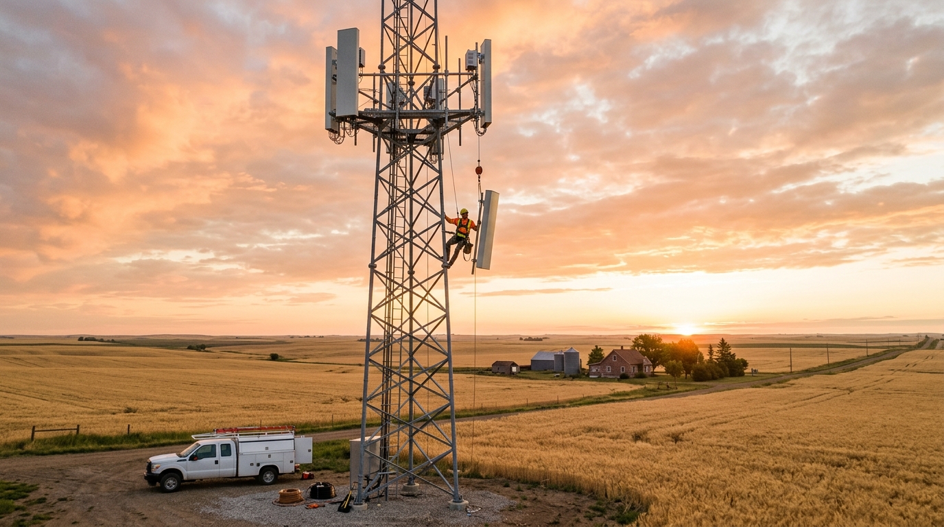 Tecnico installa le nuove radio per i 600 MHz di AT&T su un traliccio nella campagna americana all'alba, con furgone alla base e fattoria sullo sfondo