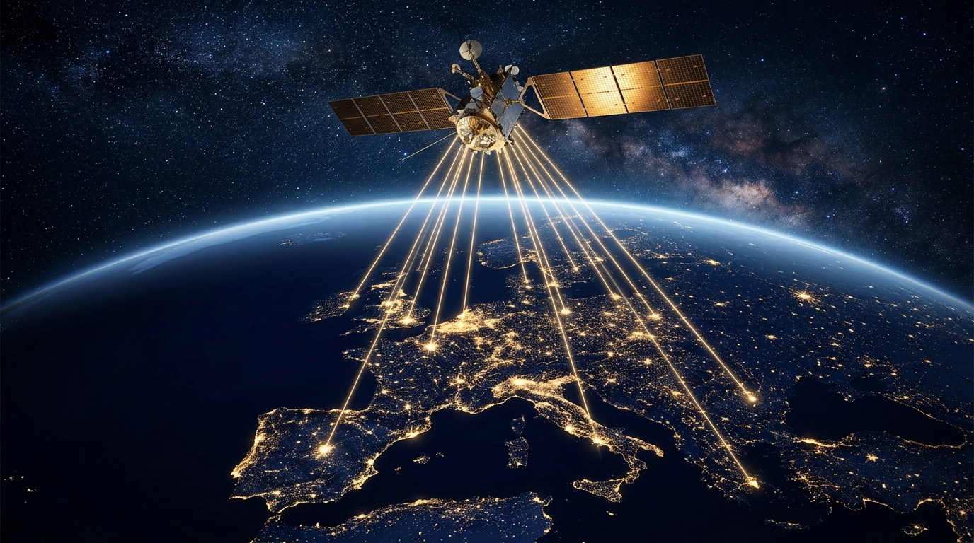 Satellite sopra l'Europa illuminata di notte con fasci di connessione verso le città: la banda 2 GHz per i servizi mobili satellitari UE