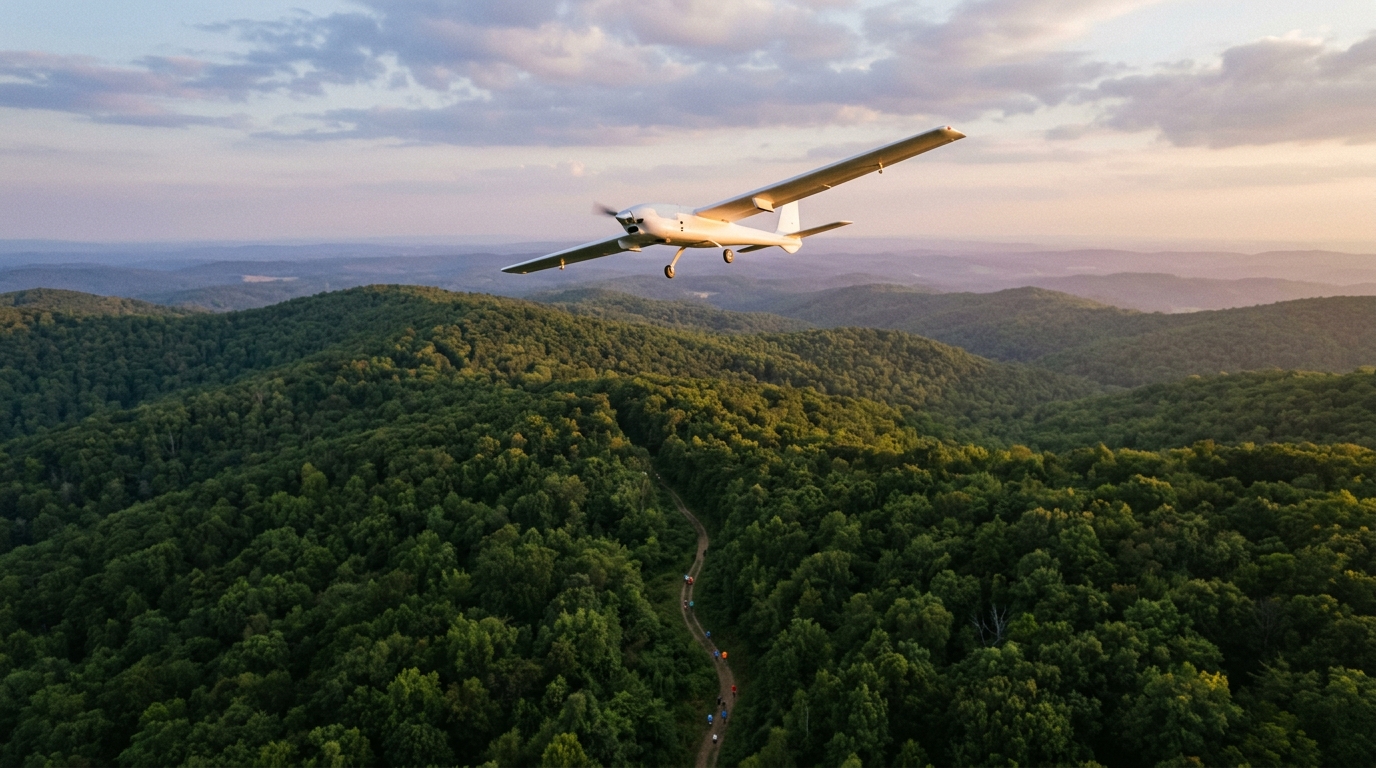 Drone ad ala fissa in volo sopra i boschi della Cechia come base station volante, con il sentiero della corsa e i corridori visibili tra gli alberi
