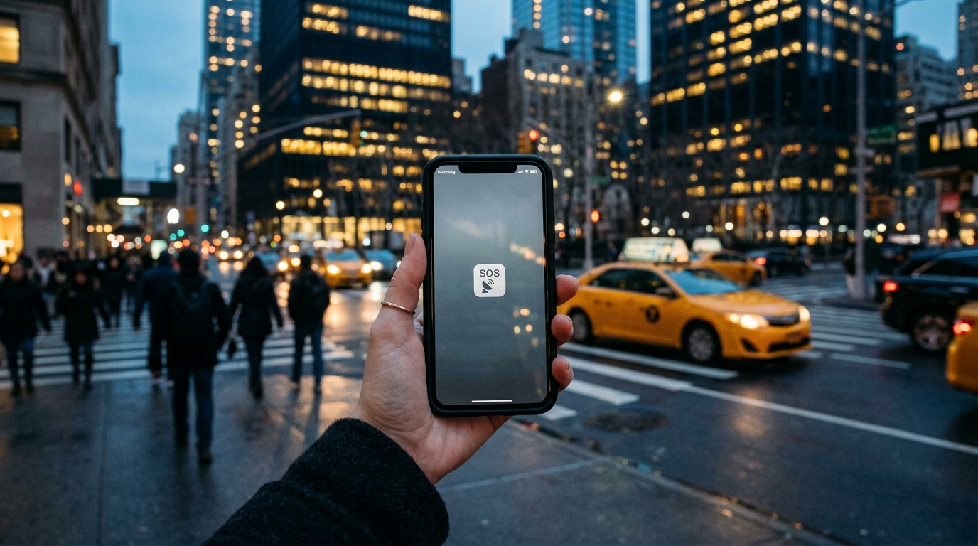 Smartphone in modalità SOS in una strada americana al crepuscolo durante il blackout Verizon dei servizi voce dell'8 agosto