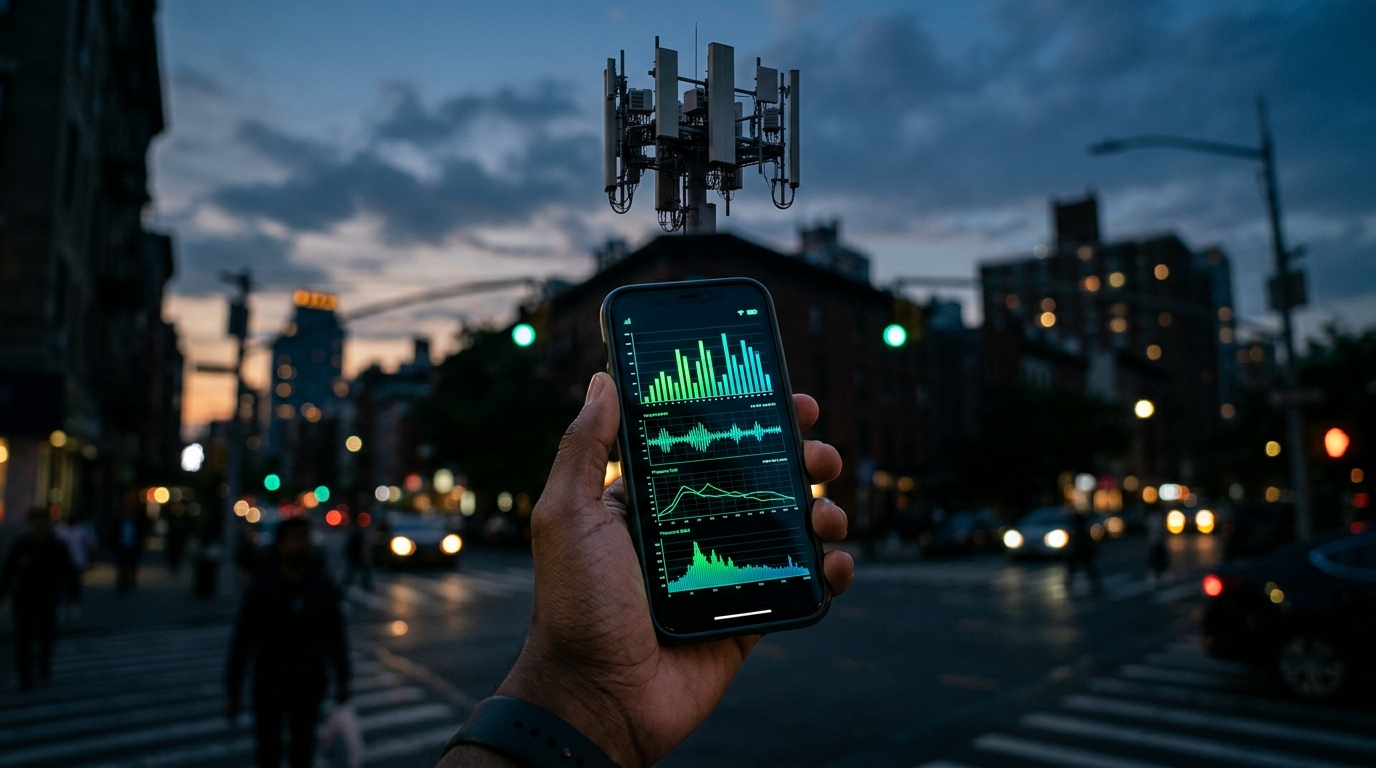 Smartphone che mostra i dati radio della rete mobile dal modem, con un'antenna 5G sullo sfondo