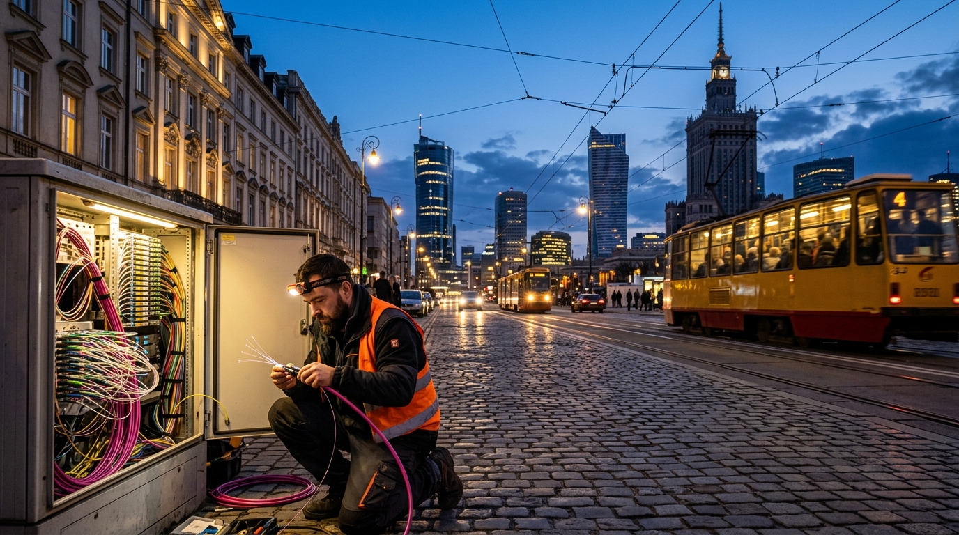 Tecnico salda un cavo in fibra ottica in una strada di Varsavia al tramonto, con lo skyline e il Palazzo della Cultura sullo sfondo: Deutsche Telekom rafforza la fibra in Polonia