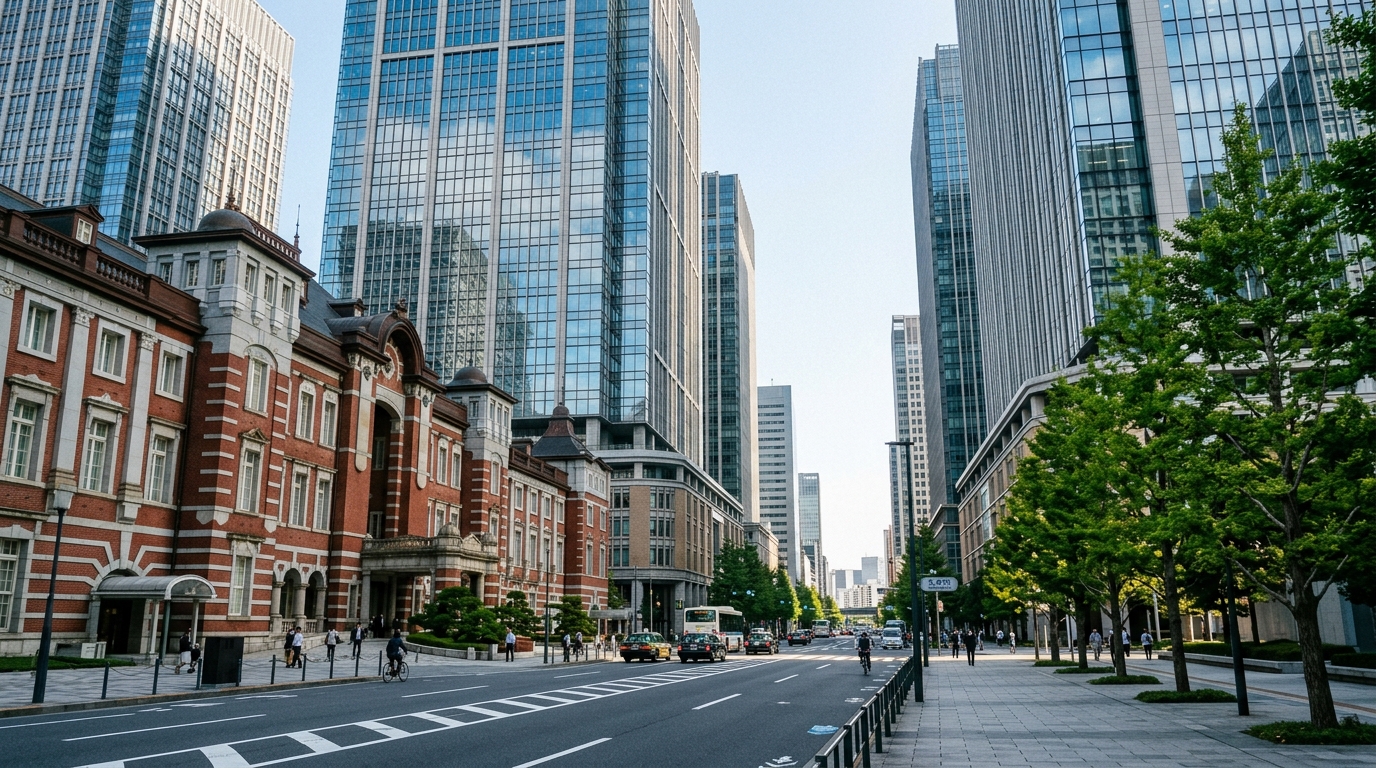 Quartiere Marunouchi a Tokyo con l'edificio storico in mattoni rossi e i grattacieli in vetro: qui Docomo installa il 5G mmWave con le antenne di vetro