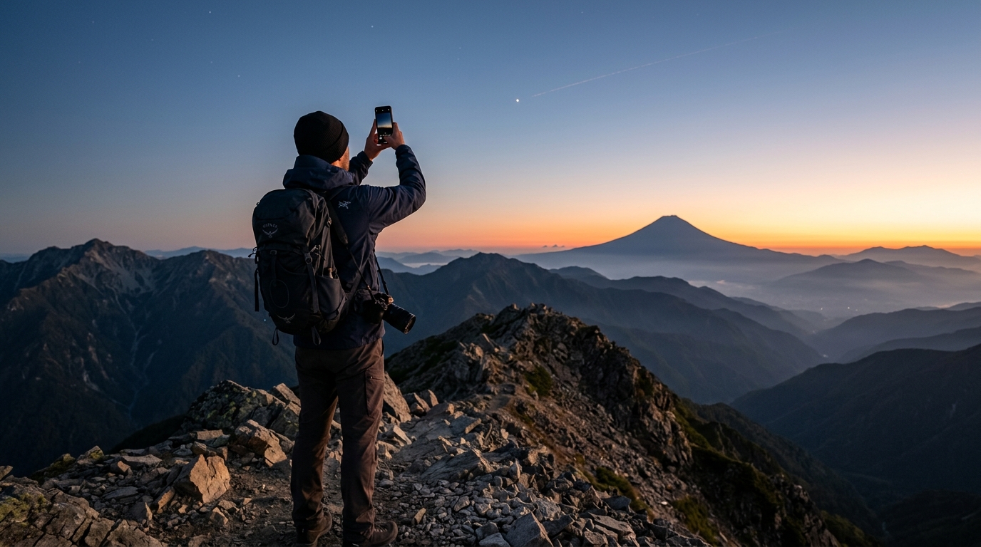 Escursionista in montagna col Fuji all'orizzonte alza lo smartphone verso un satellite, immagine sull'accordo docomo Starlink Mobile V2 per voce e internet dal cielo