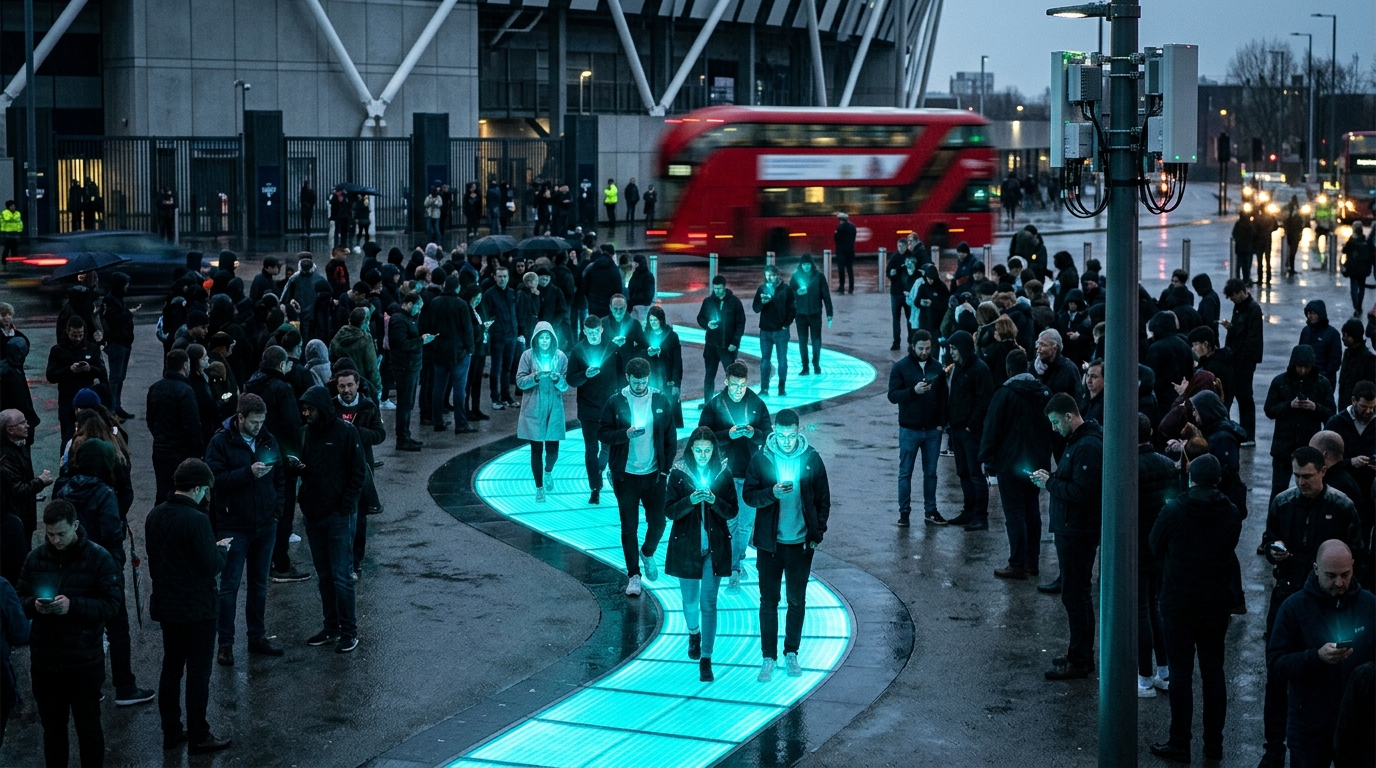 Folla con telefoni spenti fuori da uno stadio britannico e corsia luminosa riservata con utenti connessi: EE Fast Lane, lo slicing 5G consumer