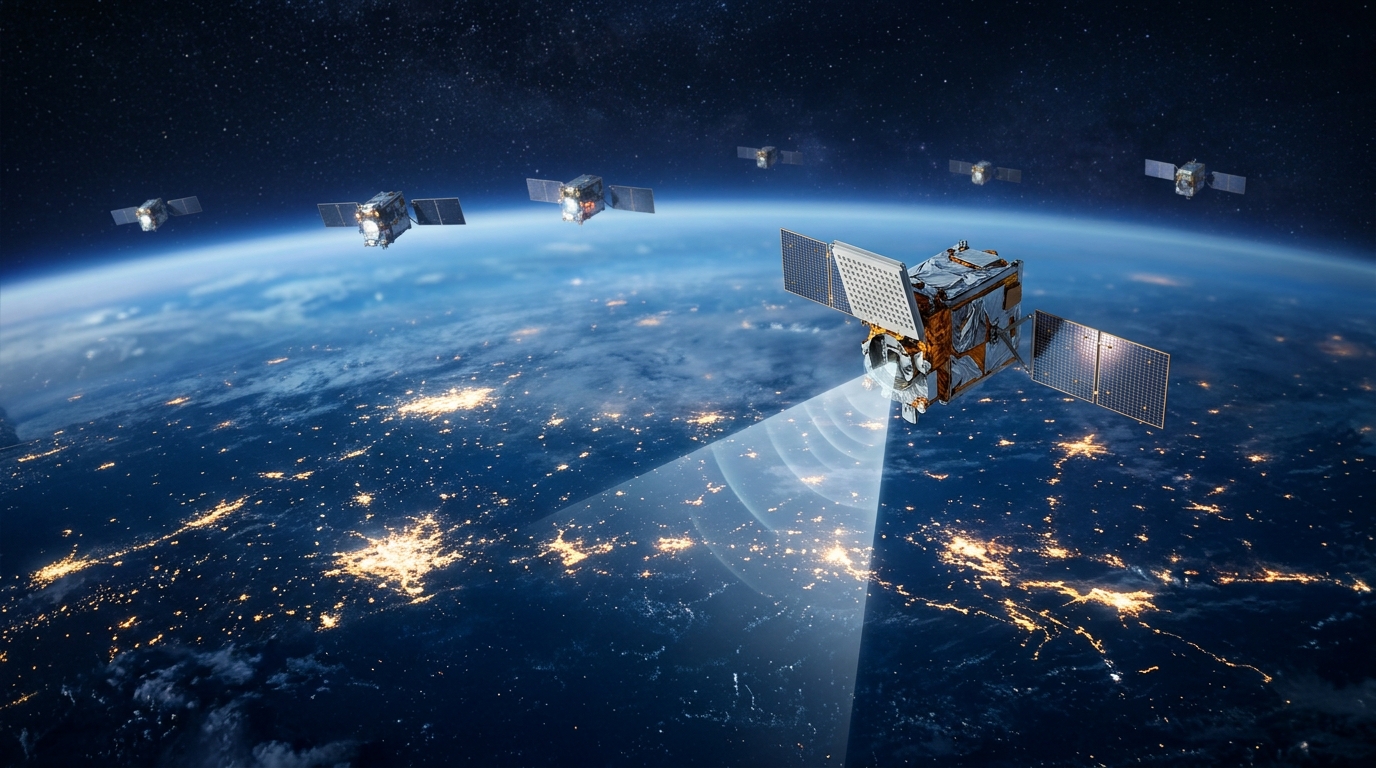 Costellazione di satelliti LEO sopra la Terra di notte con un fascio di segnale verso il suolo, immagine su Elveo Mobile nata dalla fusione Lynk-Omnispace