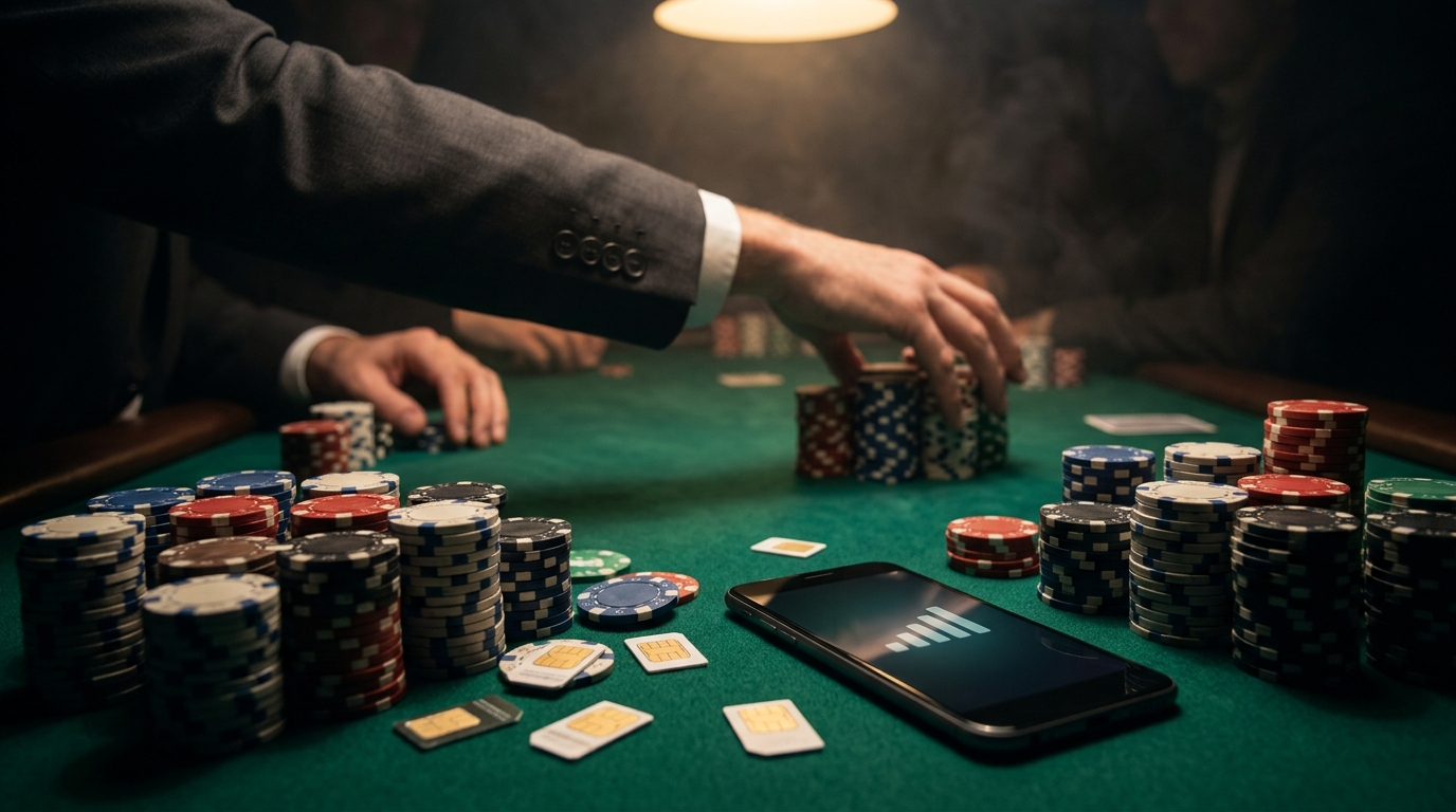 Tavolo da poker con fiches, SIM card e smartphone con le tacche di segnale: la puntata di Charlie Ergen su MobileX attraverso la SPAC CONX