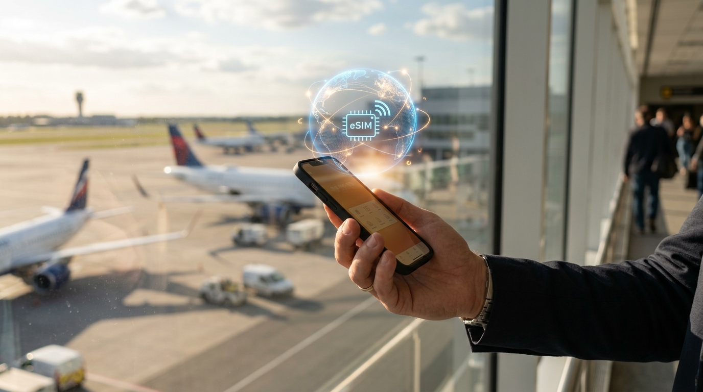 Viaggiatore in aeroporto usa lo smartphone con una eSIM per la connettività globale