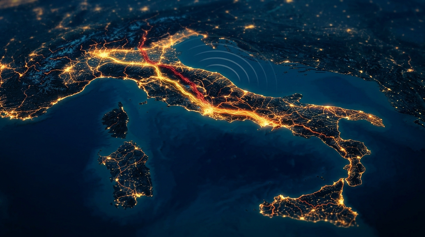 Italia notturna vista dall'alto con due flussi di luce dorato e rosso che si fondono in un'unica rete: i risultati del primo semestre 2026 di Fastweb Vodafone