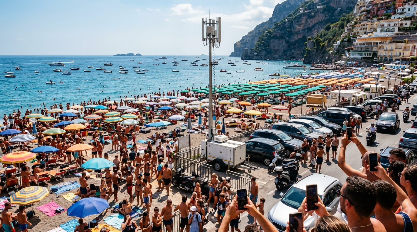 Spiaggia italiana affollata a Ferragosto con un'antenna mobile provvisoria (carrato) su rimorchio e persone che usano lo smartphone
