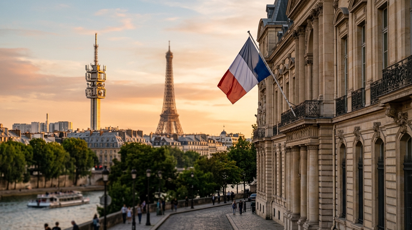 Palazzo istituzionale con bandiera francese e torre di telecomunicazioni su Parigi: la Francia vende una quota di Orange ma tiene il controllo