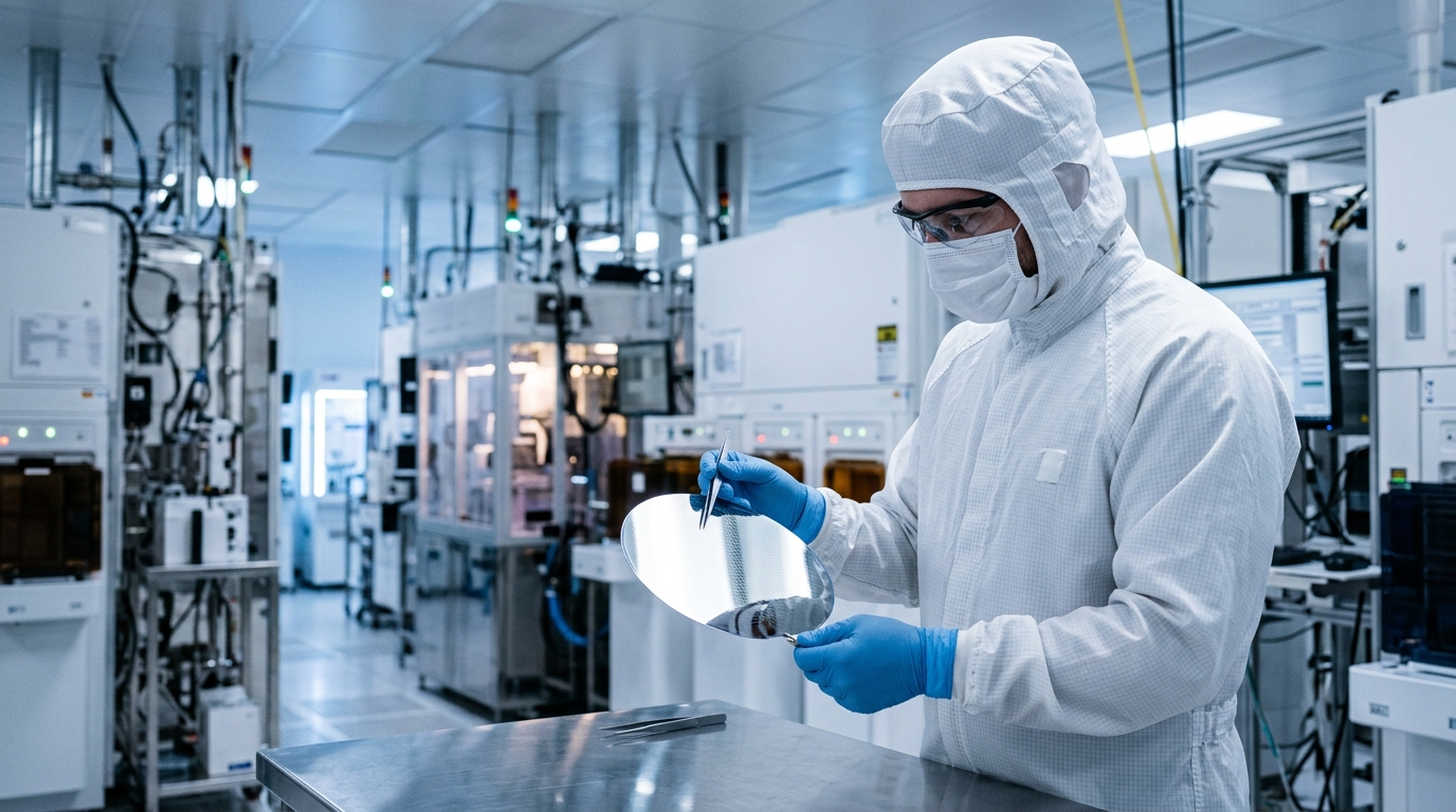Ingegnere in tuta sterile esamina un wafer di silicio in un laboratorio di ricerca chip: i risultati Huawei 2026 mostrano la ricerca al 26% dei ricavi