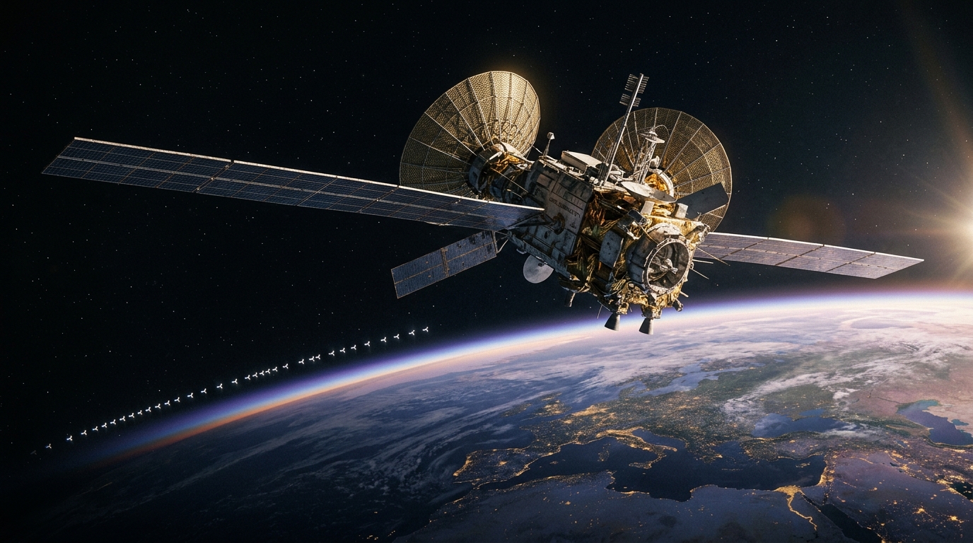 Grande satellite geostazionario per telecomunicazioni sopra la Terra mentre in basso passa un treno di piccoli satelliti in orbita bassa: la bancarotta di Hughes travolta da Starlink