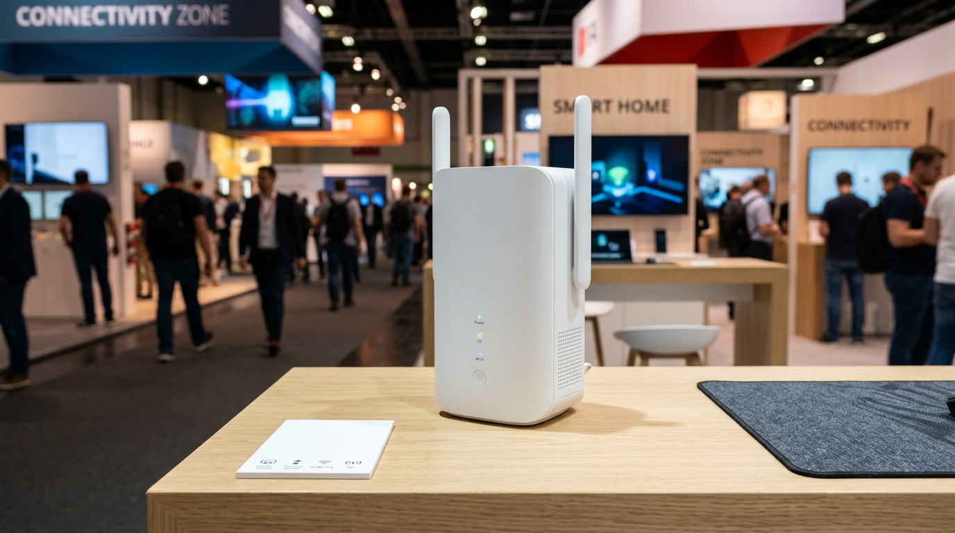 Router 5G con antenne nella zona connettività di una fiera dell'elettronica di consumo, in stile IFA Berlino