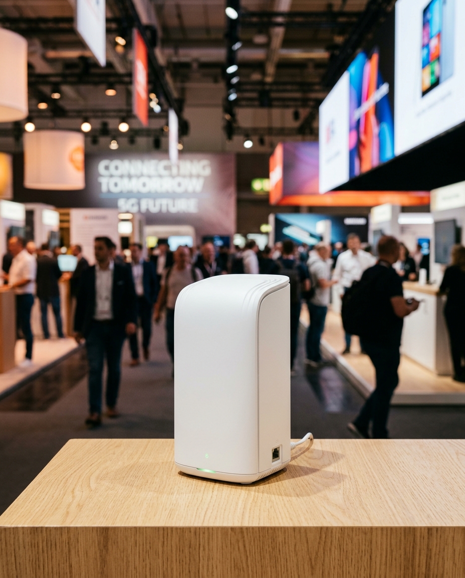 Router 5G su un tavolo alla fiera IFA, con la hall e i cartelli 5G sullo sfondo
